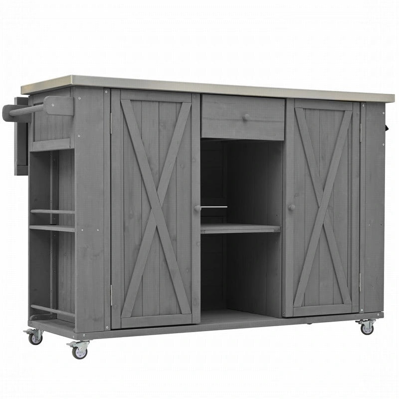 Îlot de cuisine extérieure de 52,25 pouces avec plateau en acier inoxydable, grand espace de rangement, porte-serviettes et porte-épices et ouvre-bouteille