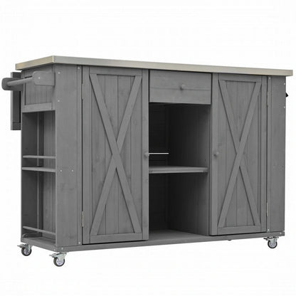 Îlot de cuisine extérieure de 52,25 pouces avec plateau en acier inoxydable, grand espace de rangement, porte-serviettes et porte-épices et ouvre-bouteille