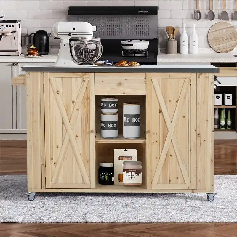 Îlot de cuisine extérieure de 52,25 pouces avec plateau en acier inoxydable, grand espace de rangement, porte-serviettes et porte-épices et ouvre-bouteille