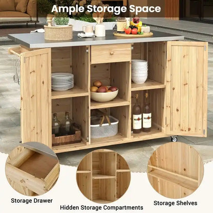 Îlot de cuisine extérieure de 52,25 pouces avec plateau en acier inoxydable, grand espace de rangement, porte-serviettes et porte-épices et ouvre-bouteille