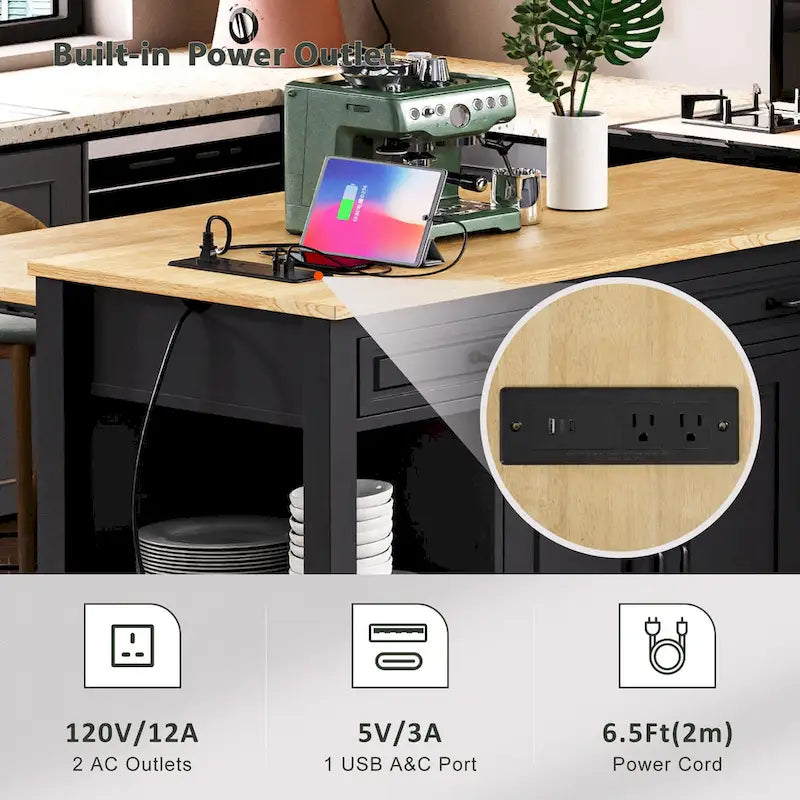 Îlot de cuisine extensible sur roulettes, chariot de cuisine mobile, meuble bar avec étagère de rangement interne, 2 tiroirs et 2 placards