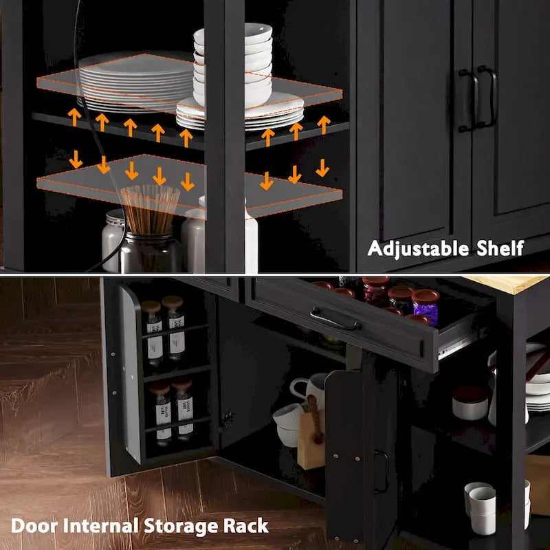 Îlot de cuisine extensible sur roulettes, chariot de cuisine mobile, meuble bar avec étagère de rangement interne, 2 tiroirs et 2 placards