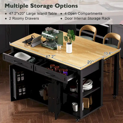 Îlot de cuisine extensible sur roulettes, chariot de cuisine mobile, meuble bar avec étagère de rangement interne, 2 tiroirs et 2 placards