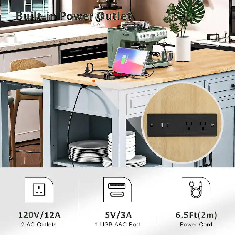 Îlot de cuisine extensible sur roulettes, chariot de cuisine mobile, meuble bar avec étagère de rangement interne, 2 tiroirs et 2 placards