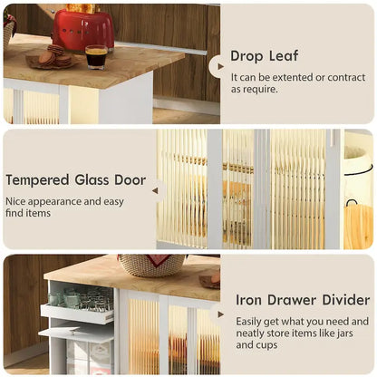 Îlot de cuisine à éclairage LED, comptoir-bar rabattable sur roulettes, meuble bar avec 2 tiroirs, 2 portes vitrées et 1 placard à charnières