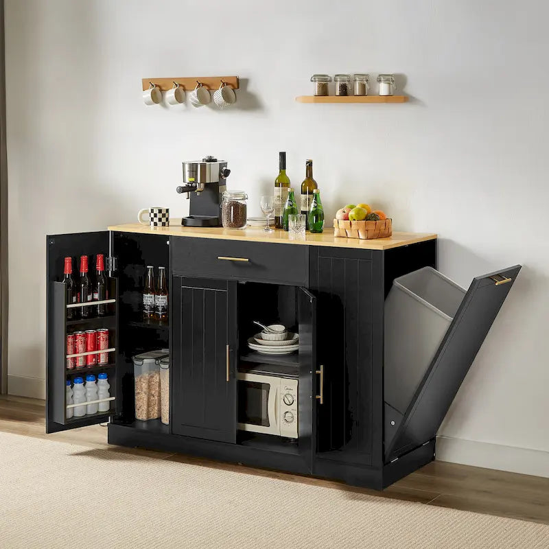 Îlot de cuisine avec support de poubelle inclinable, table îlot mobile avec tiroir, étagères réglables et étagères latérales ouvertes à 3 niveaux