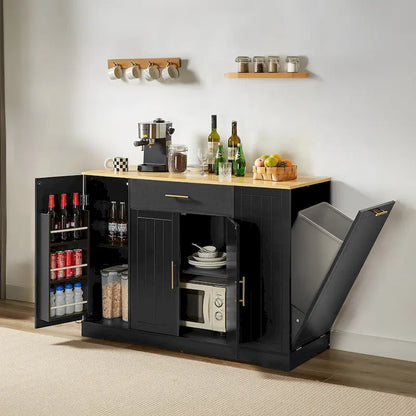 Îlot de cuisine avec support de poubelle inclinable, table îlot mobile avec tiroir, étagères réglables et étagères latérales ouvertes à 3 niveaux