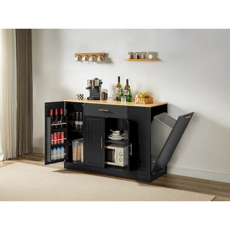 Îlot de cuisine avec support de poubelle inclinable, table îlot mobile avec tiroir, étagères réglables et étagères latérales ouvertes à 3 niveaux