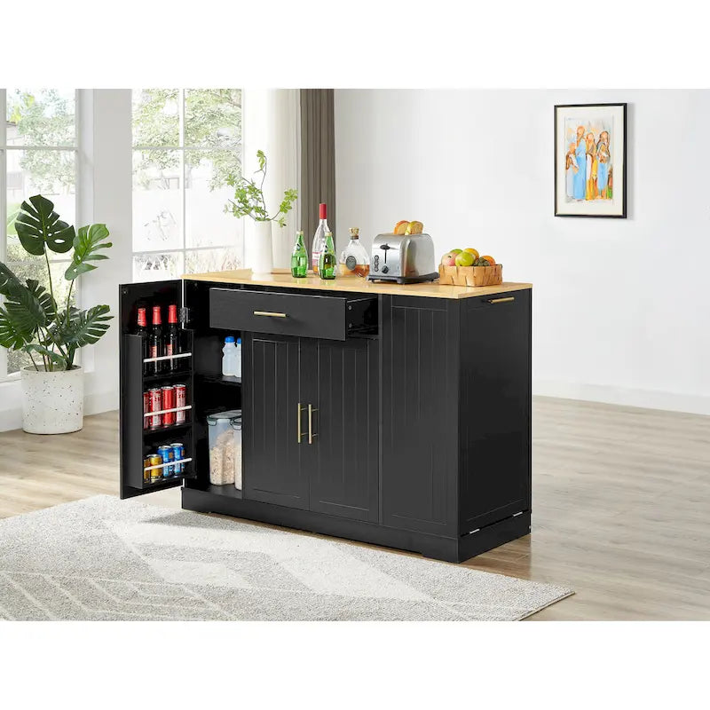 Îlot de cuisine avec support de poubelle inclinable, table îlot mobile avec tiroir, étagères réglables et étagères latérales ouvertes à 3 niveaux