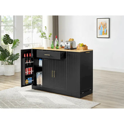 Îlot de cuisine avec support de poubelle inclinable, table îlot mobile avec tiroir, étagères réglables et étagères latérales ouvertes à 3 niveaux