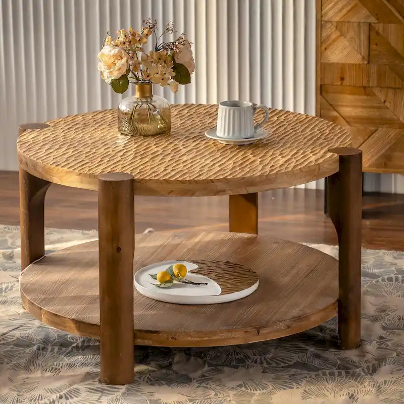 Table basse ronde à deux niveaux avec étagère de rangement
