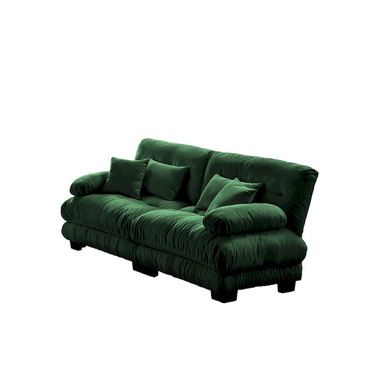 Canapé 2 places Cloud Couch pour salon, en chenille verte, avec 2 coussins lombaires et 2 coussins décoratifs.