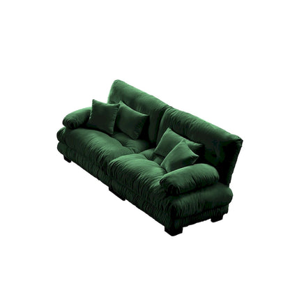 Canapé 2 places Cloud Couch pour salon, en chenille verte, avec 2 coussins lombaires et 2 coussins décoratifs.