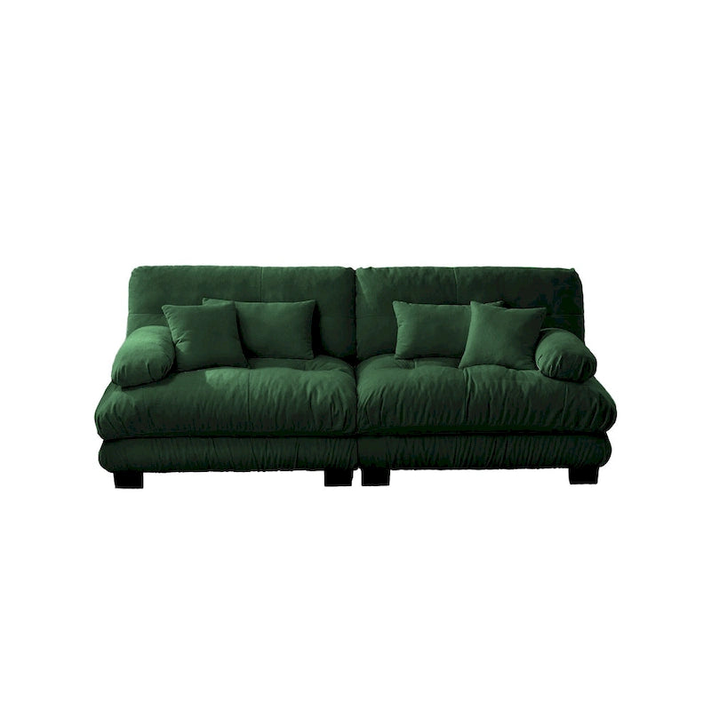 Canapé 2 places Cloud Couch pour salon, en chenille verte, avec 2 coussins lombaires et 2 coussins décoratifs.