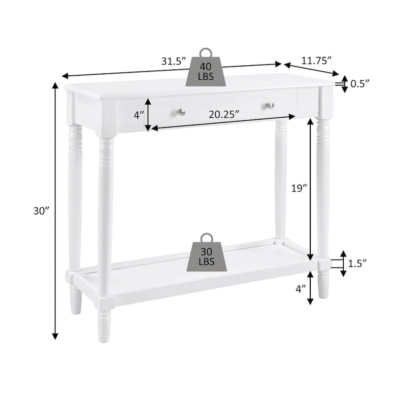 Table d'entrée Convenience Concepts style campagne française avec étagère et tiroir, sans outils