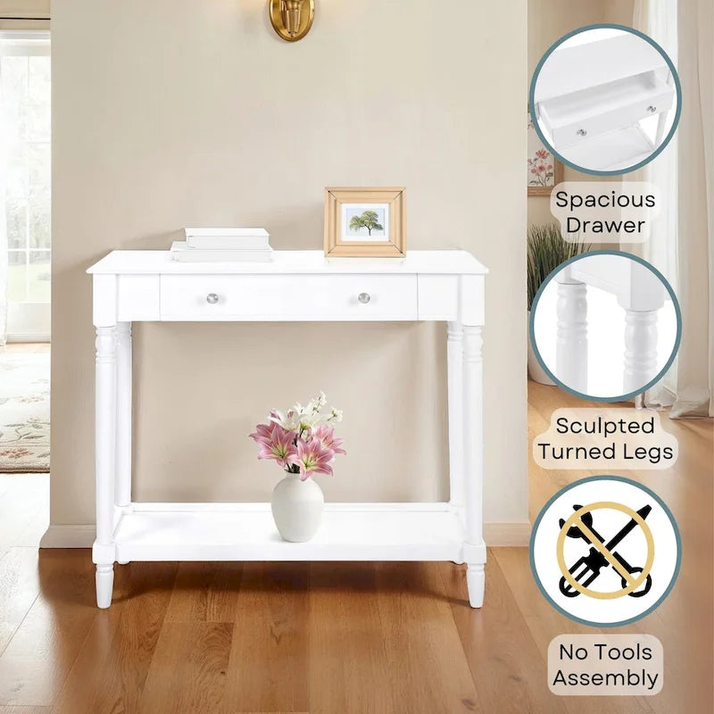 Table d'entrée Convenience Concepts style campagne française avec étagère et tiroir, sans outils