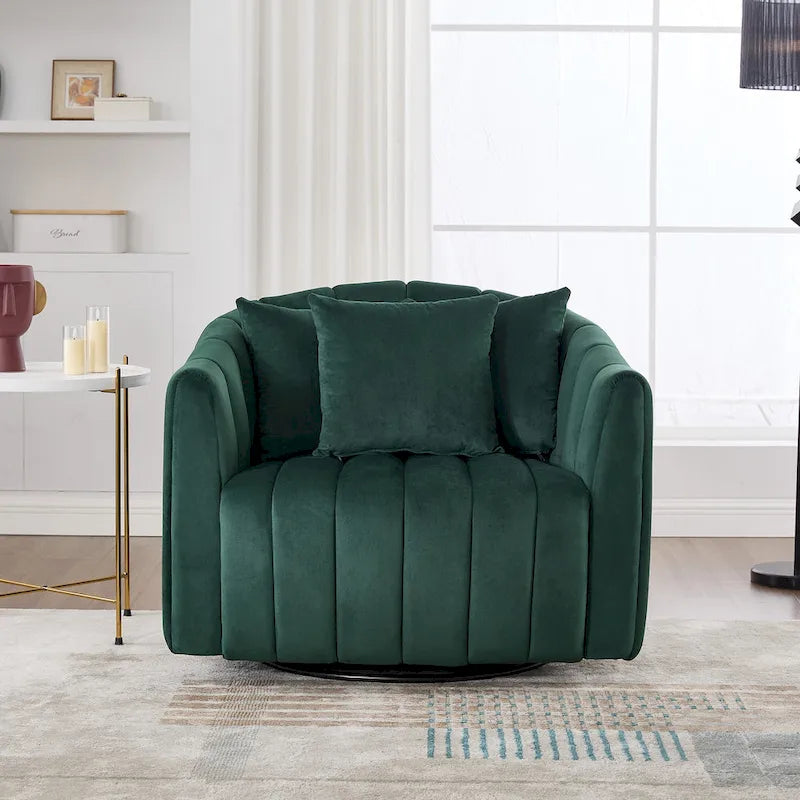 Fauteuil pivotant surdimensionné à 360° et canapé demi-cocon confortable avec 3 coussins, fauteuil club en velours capitonné en forme de citrouille