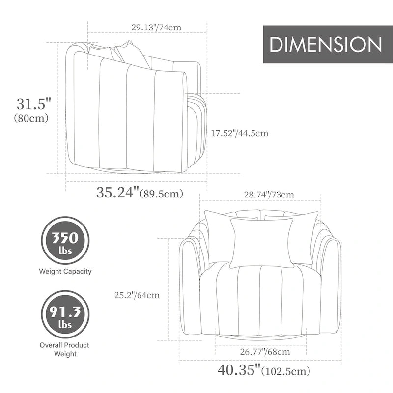 Fauteuil pivotant surdimensionné à 360° et canapé demi-cocon confortable avec 3 coussins, fauteuil club en velours capitonné en forme de citrouille