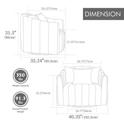 Fauteuil pivotant surdimensionné à 360° et canapé demi-cocon confortable avec 3 coussins, fauteuil club en velours capitonné en forme de citrouille