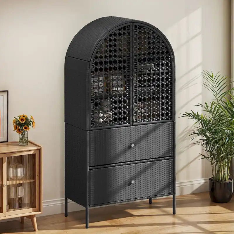 Armoire de cuisine Moasis 65 pouces de haut, en osier arqué, style ferme, avec 3 étagères et 2 tiroirs