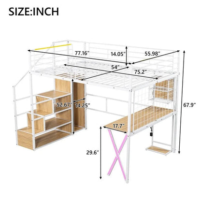 Twin/Full Size Loft Bed with Bulit-in Desk, Wardrobe & Storage Staircase, Metal Loft Bedframe with LED Light and Metal Grid