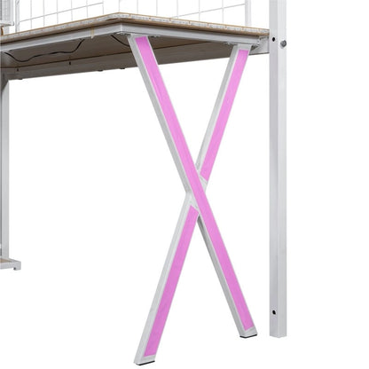 Lit mezzanine simple/double avec bureau intégré, penderie et escalier de rangement, structure de lit mezzanine en métal avec éclairage LED et grille métallique.