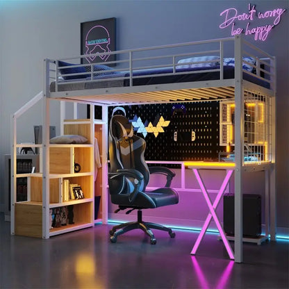 Lit mezzanine simple/double avec bureau intégré, penderie et escalier de rangement, structure de lit mezzanine en métal avec éclairage LED et grille métallique.