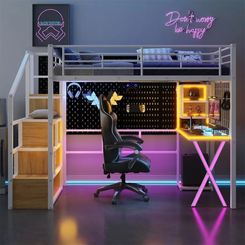 Lit mezzanine simple/double avec bureau intégré, penderie et escalier de rangement, structure de lit mezzanine en métal avec éclairage LED et grille métallique.