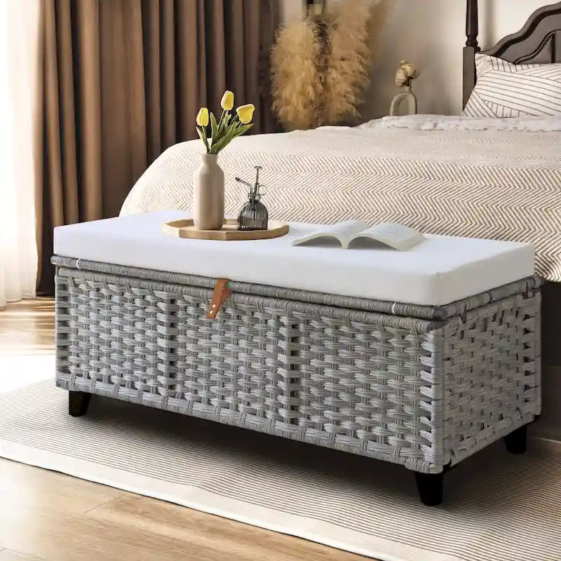 Banc de rangement en osier avec coussin pour chambre, salon, véranda - 47 cm H x 110 cm L x 47 cm P