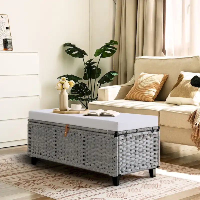 Banc de rangement en osier avec coussin pour chambre, salon, véranda - 47 cm H x 110 cm L x 47 cm P