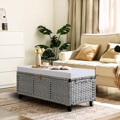 Banc de rangement en osier avec coussin pour chambre, salon, véranda - 47 cm H x 110 cm L x 47 cm P