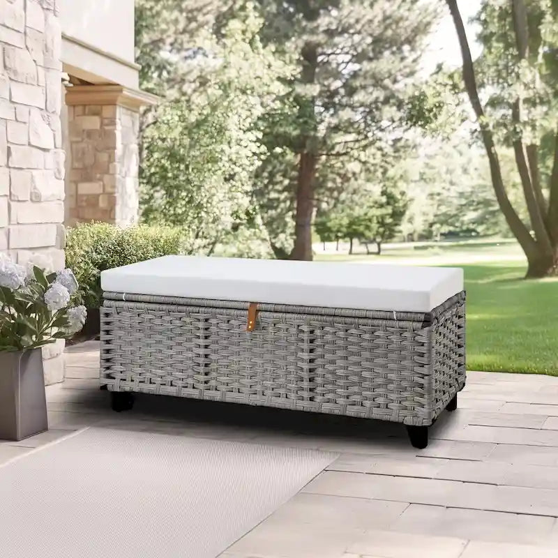 Banc de rangement en osier avec coussin pour chambre, salon, véranda - 47 cm H x 110 cm L x 47 cm P