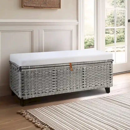 Banc de rangement en osier avec coussin pour chambre, salon, véranda - 47 cm H x 110 cm L x 47 cm P