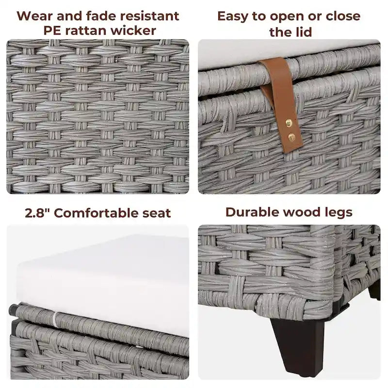 Banc de rangement en osier avec coussin pour chambre, salon, véranda - 47 cm H x 110 cm L x 47 cm P