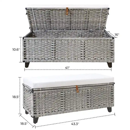 Banc de rangement en osier avec coussin pour chambre, salon, véranda - 47 cm H x 110 cm L x 47 cm P