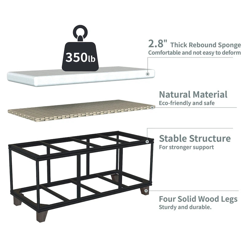 Banc de rangement en osier avec coussin pour chambre, salon, véranda - 47 cm H x 110 cm L x 47 cm P