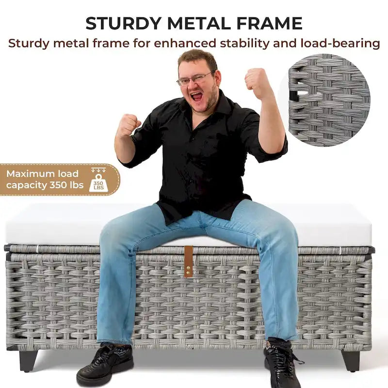 Banc de rangement en osier avec coussin pour chambre, salon, véranda - 47 cm H x 110 cm L x 47 cm P