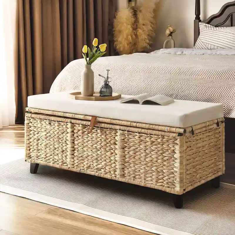 Banc de rangement en osier avec coussin pour chambre, salon, véranda - 47 cm H x 110 cm L x 47 cm P