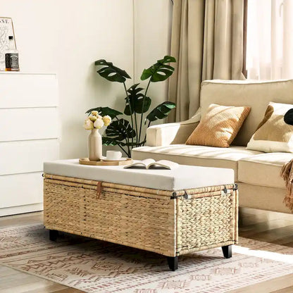 Banc de rangement en osier avec coussin pour chambre, salon, véranda - 47 cm H x 110 cm L x 47 cm P