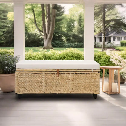 Banc de rangement en osier avec coussin pour chambre, salon, véranda - 47 cm H x 110 cm L x 47 cm P