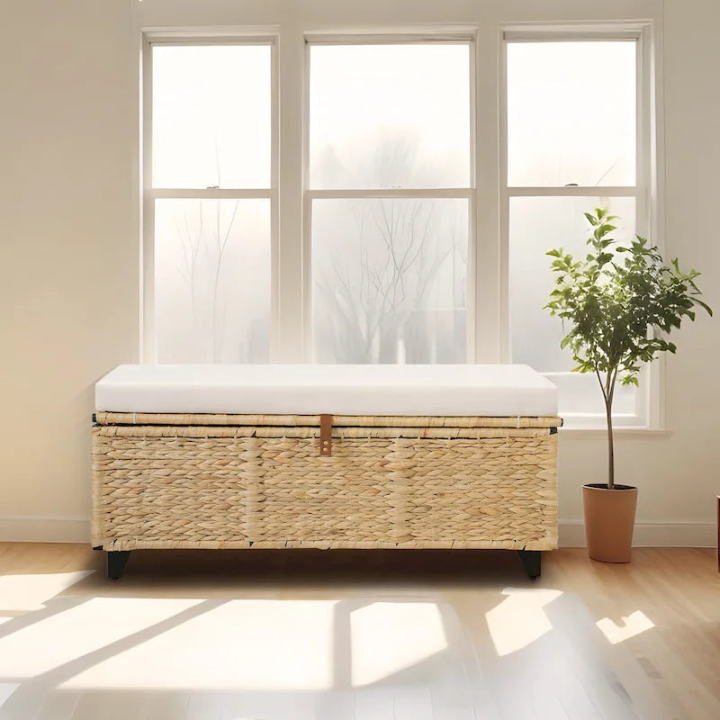 Banc de rangement en osier avec coussin pour chambre, salon, véranda - 47 cm H x 110 cm L x 47 cm P