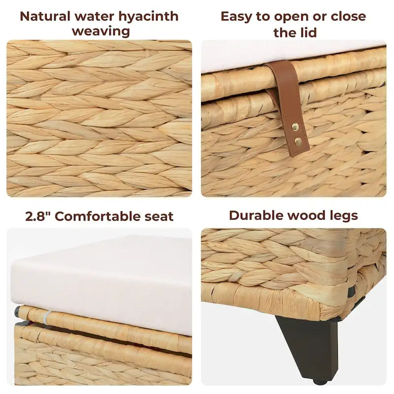 Banc de rangement en osier avec coussin pour chambre, salon, véranda - 47 cm H x 110 cm L x 47 cm P