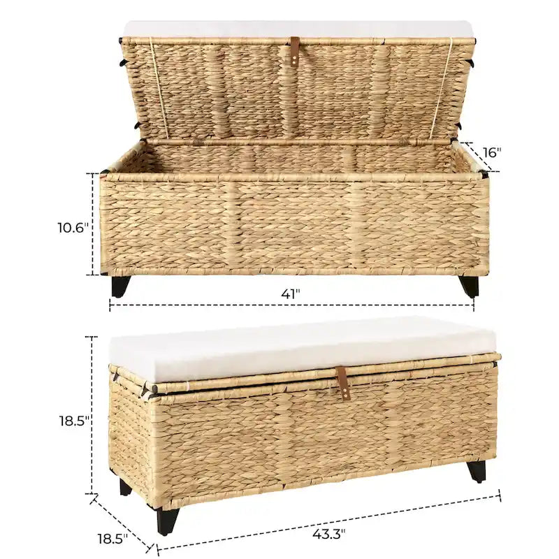 Banc de rangement en osier avec coussin pour chambre, salon, véranda - 47 cm H x 110 cm L x 47 cm P