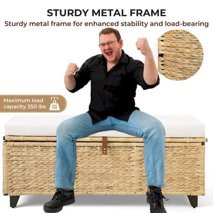 Banc de rangement en osier avec coussin pour chambre, salon, véranda - 47 cm H x 110 cm L x 47 cm P