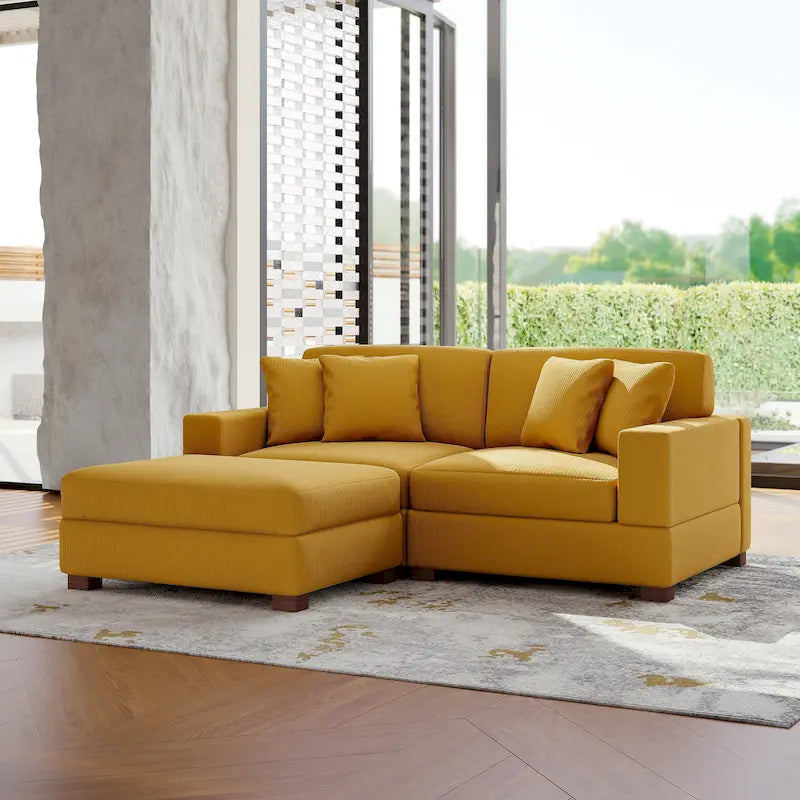 Ensemble canapé d'angle modulable en velours côtelé avec méridienne et pouf