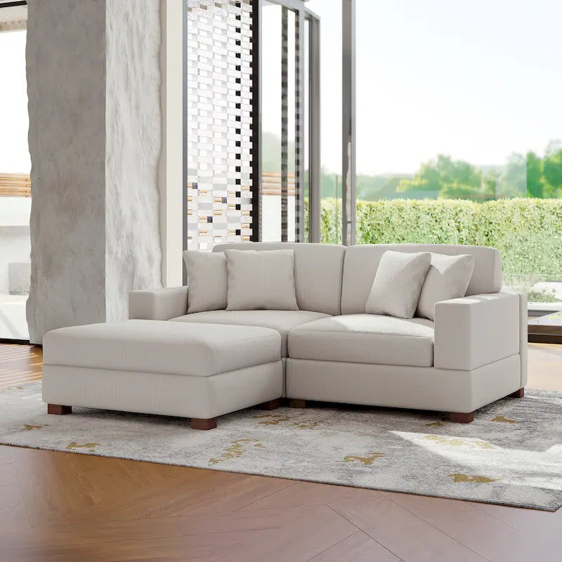 Ensemble canapé d'angle modulable en velours côtelé avec méridienne et pouf