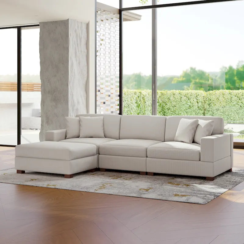 Ensemble canapé d'angle modulable en velours côtelé avec méridienne et pouf