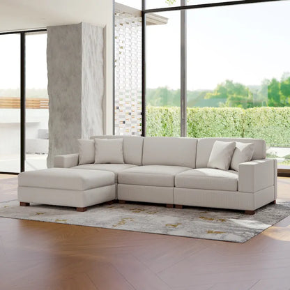 Ensemble canapé d'angle modulable en velours côtelé avec méridienne et pouf