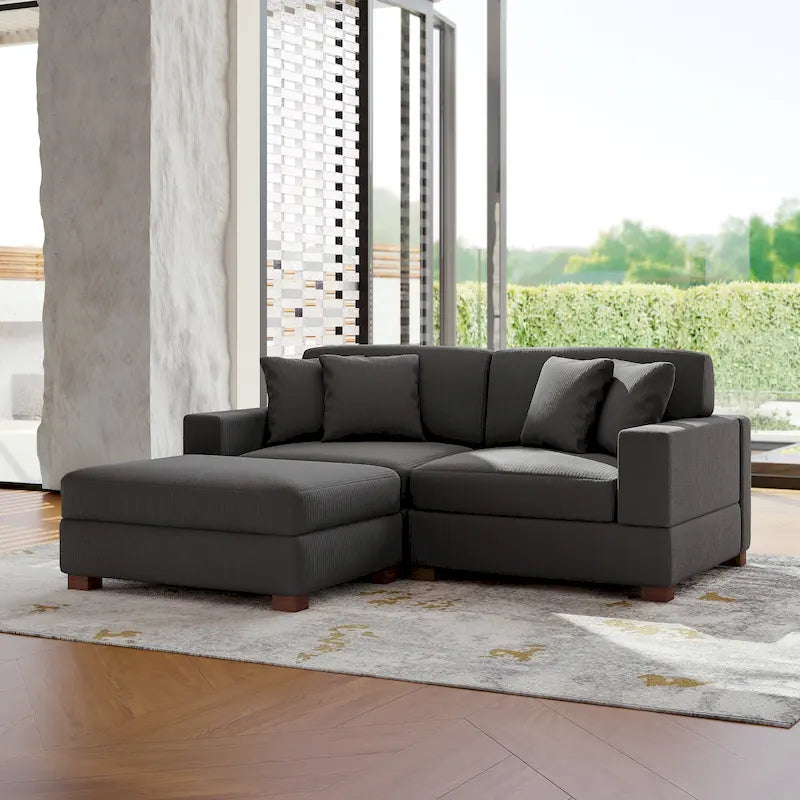 Ensemble canapé d'angle modulable en velours côtelé avec méridienne et pouf