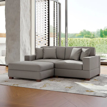 Ensemble canapé d'angle modulable en velours côtelé avec méridienne et pouf